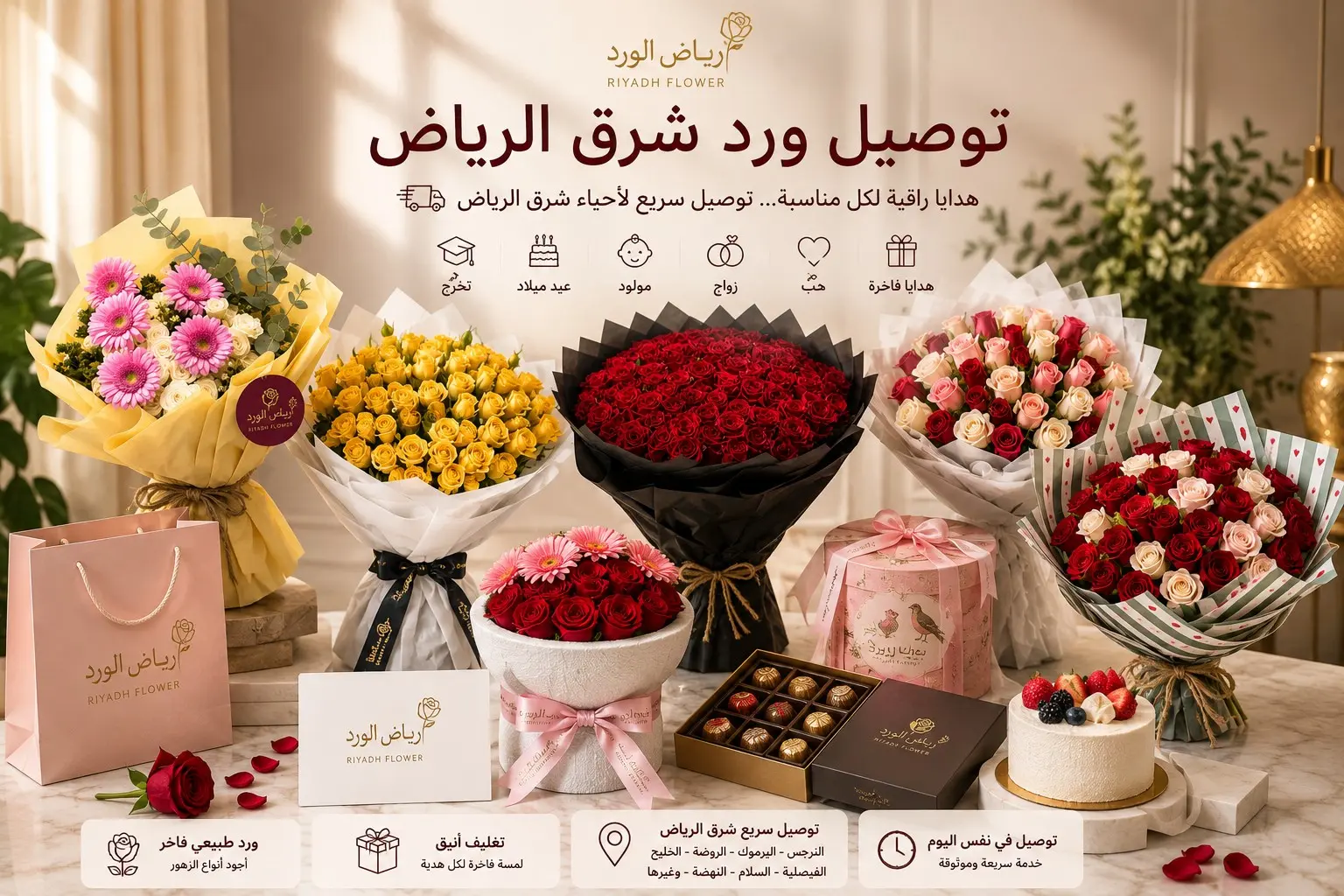  توصيل ورد شرق الرياض | باقات VIP وتوصيل بنفس اليوم | رياض الورد