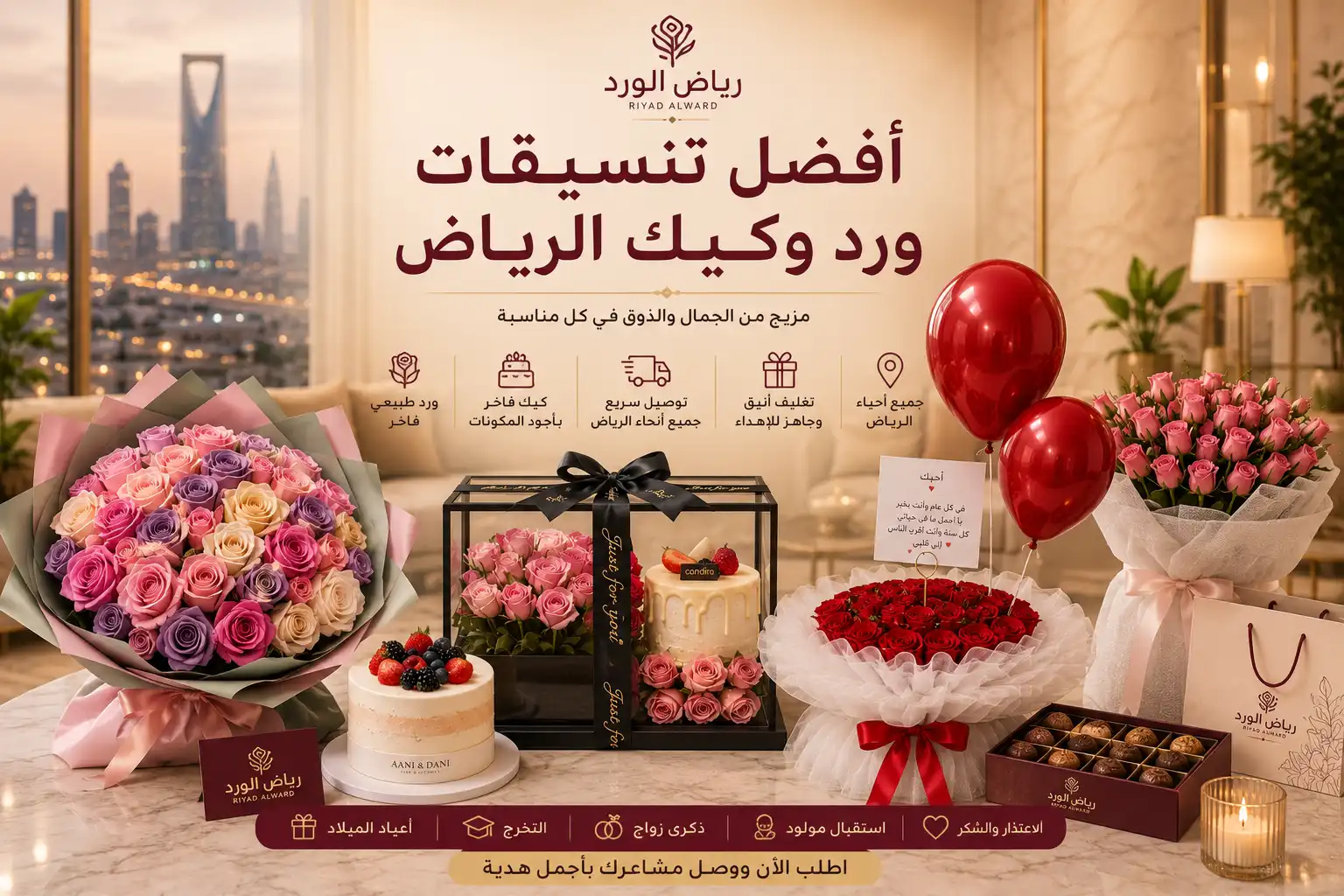 أفضل تنسيقات ورد وكيك الرياض | توصيل سريع | رياض الورد 